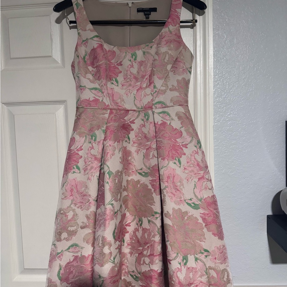Maggy London Pink and Green Floral Jacquard Midi Fit-and-Flare Dress